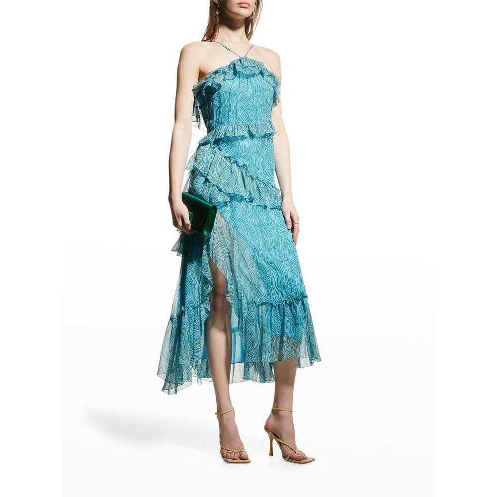 Cinq à Sept Rayner Asymmetric Ruffle Midi Dress Celeste Multi Size 4 NWT